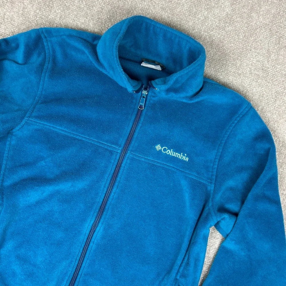 Columbia Mountain Fleece Jacket Mens Medium Blue Logo Mock Neck Full Zip Winter